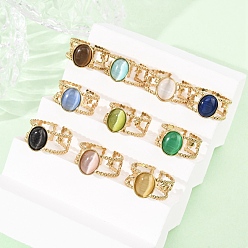 (52) Непрозрачная лаванда 304 Кольца-манжеты из нержавеющей стали со стеклянными вставками в форме кошачьего глаза для женщин, овальные, ионное покрытие (ip), реальный 18 k позолоченный, разноцветные, 12x10 мм, размер США 6 3/4 (17.1 мм)
