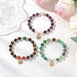 Смешанные камни 3шт. браслеты из круглых бусин из натурального полосатого агата, аметиста, тигрового глаза, розового кварца и кварцевого кристалла для женщин, с латунными микропаве прозрачными кубическими циркониями браслеты с подвесками в виде солнца для женщин, внутренний диаметр: 2-1/8 дюйм (5.3 см)