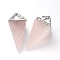 Розовый Кварц Натуральный розовый кварц точки маятник подвески, латунная фурнитура с платиновым покрытием, 30~34x15x15 мм, отверстие : 5x6 мм