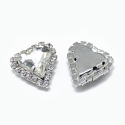 Crystal Sew on Rhinestone, Multi-strand Links, Glass Rhinestone, with Platinum Tone Brass Prong Settings, Garments Accessories, Heart, Crystal, 18x17x6mm, Hole: 0.8mm