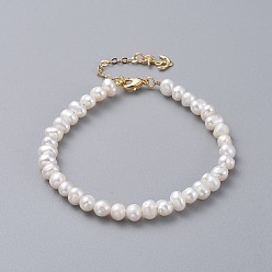 White Natural Pearl Beaded Bracelets, with Brass Charms, Cable Chains and Lobster Claw Clasps, with Cardboard Packing Box, Anchor, White, 7-5/8 inch(19.5cm)