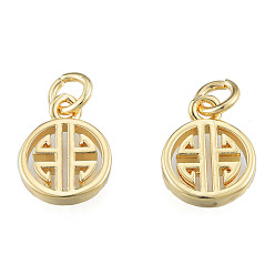 Echt 14 k vergoldet Messing Charme, mit Ringe springen, Nickel frei, flach rund mit chinesischen Zeichen, echt 14 k vergoldet, 13.5x10x2 mm, Sprungring: 5x1 mm, 3 mm Innen Durchmesser