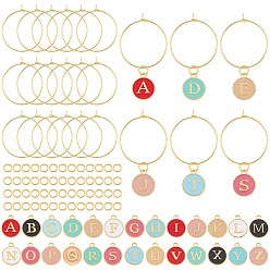 Разноцветный Наборы для самостоятельного изготовления украшений для бокалов, в том числе 1 набор плоских круглых с эмалевыми подвесками из сплава алфавита, 26 шт. Латунные кольца-подвески для бокалов для вина и 60 шт. Железные прыжковые кольца, золотые, красочный, 14x12x2 мм, отверстие : 1.5 мм