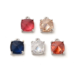 Real Platinum Plated Glass Charms, with Brass Findings, Square Charm, Real Platinum Plated, 9x7x5mm, Hole: 1mm