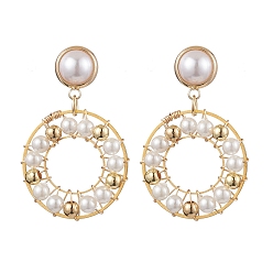 WhiteSmoke Ring Shell Pearl Beaded Dangle Earrings, Brass Stud Earrings for Women, WhiteSmoke, 40x26mm
