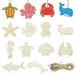 Античный Белый 50 Набор из нескольких необработанных деревянных подвесок на морскую тематику для живописи, пирография, домашнего декора, с джутовым шнуром, старинный белый, 51~92x44.5~108x2 мм, отверстие : 2.5~3.2 мм, 10 стили, 5 шт / стиль
