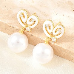 Белый Серьги-гвоздики из латуни с прозрачными кубическими циркониями ко Дню святого Валентина, с абс пластиком имитация жемчуга и эмали, без кадмия и без свинца, долговечный, стойки покрытие, реальный 18 k позолоченный, белые, 26x13.5 мм