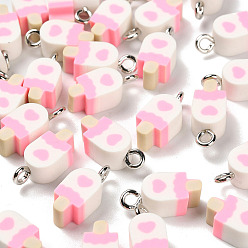 Pink Подвески из полимерной глины ручной работы, с железной фурнитурой, розовые, 14x6x5 мм, отверстие : 1.8 мм