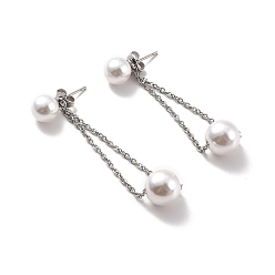Stainless Steel Color Long Chain with Round Plastic Pearl Dangle Stud Earrings, 304 Stainless Steel Drop Earrings for Women, Stainless Steel Color, 55x8mm, Pin: 0.7mm
