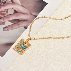 Turquoise Alloy Islamic Arabic Calligraphy Hollow Rectangle Enamel Pendant Necklaces, Real 18K Gold Plated, Turquoise, 18.31 inch(46.5cm)