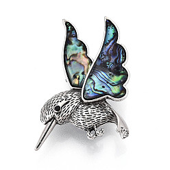 Темно-серый Броши / подвески из ракушек морского ушка / пауа, со смоляным дном и выводами из сплава, птица, античное серебро, темно-серый, 31~32x53.5x12~12.5 мм, отверстие : 6x3 мм, штифты : 0.7 мм