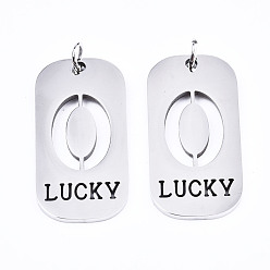 Number Non-Tarnish 201 Stainless Steel Pendants, Laser Cut, with Jump Rings, Rectangle with Number and Word LUCKY, Stainless Steel Color, Num.0, 35x17x1.5mm, Jump Ring: 6x1mm, Inner Diameter: 4mm