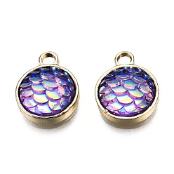 Лиловый Подвески из легированной смолы, плоский круглый с рыбой в русалочной форме, золотой свет, сирень, 15x12x4 мм, отверстие : 1.8 мм