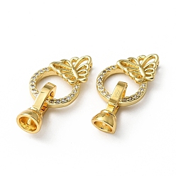 Golden Rack Plating Brass Micro Pave Clear Cubic Zirconia Fold Over Clasps, Cadmium Free & Lead Free, Long-Lasting Plated, Butterfly, Golden, Butterfly: 12.5x18x3mm, Clasp: 13.5x6.5x7.5mm, Hole: 1.2mm, Inner Diameter: 4.2mm