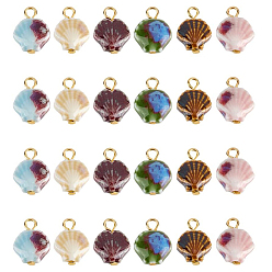 Mixed Color 24Pcs 6 Style Handmade Bright Glazed Porcelain Pendants, with 304 Stainless Steel Findings, Shell Shape, Golden, Mixed Color, 16mm, Hole: 2.2mm, 4pcs/style