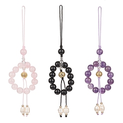 Gemstone Mixed Gemstone Beaded Mobile Straps, with Natural Freshwater Pearl Beads and Braided Nylon Thread and Alloy Beads, 135mm