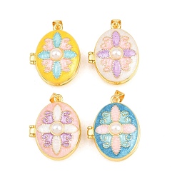 Mixed Color Brass Locket Pendants, with Enamel and ABS Plastic Imitation Pearl, Cadmium Free & Lead Free, Real 18K Gold Plated, Rack Plating, Long-Lasting Plated, Oval with Flower Charms, Mixed Color, 26.5x21x12mm, Hole: 3x5mm