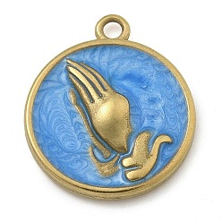 Темно-Голубой 304 нержавеющей стальной эмали подвески, плоский круглый оберег с молящимися руками, глубокое синее небо, 18.5x16x2.5 мм, отверстие : 1.6 мм