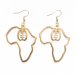 Real 18K Gold Plated PVD Vacuum Plating 201 Stainless Steel Dangle Earrings, Africa Map, Adinkra Gye Nyame, Real 18K Gold Plated, 71mm, Pin: 0.8mm