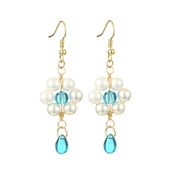 Темно-бирюзовый Серьга с жемчугом и стеклянной подвеской, цветок и слеза, для женщин, темные бирюзовый, 60x20 мм