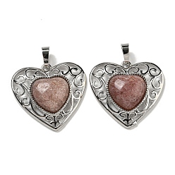 Strawberry Quartz Natural Strawberry Quartz Peach Love Heart Pendants, Rack Plating Brass Hollow Heart Charms, Cadmium Free & Lead Free, 29.5x30.5x7.5mm, Hole: 7.5x5mm