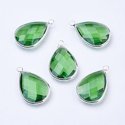 Lime Silver Color Plated Brass Glass Teardrop Pendants, Faceted, Lime, 18x10x5mm, Hole: 2mm