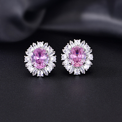 Flor de Orquídea Aretes de latón con micro pavé de zirconia cúbica para mujer, oval, Platino, orquídea, 21x19 mm