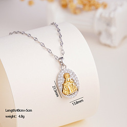 Золотой & Цвет Нержавеющей Стали Двухцветные латунные ожерелья с микропаве из прозрачных кубических цирконий, овальные подвески в виде божества и цепочками из нержавеющей стали для женщин., золотые и нержавеющая сталь цвет, 304 дюйм (15.75 см)