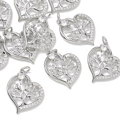 Platino Colgantes de latón con circonitas cúbicas transparentes de Shegrace para el Día de San Valentín, corazón con amuletos de árboles, sin cadmio, plomo, níquel, Platino, 19.5x17.5x4.5 mm, agujero: 2.5 mm