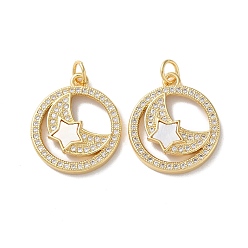 Плоский Круглый Латунные микро проложить кубического циркония подвески, без кадмия и без свинца, с раковиной и прыгать кольцо, реальный 18 k позолоченный, плоско-круглые, 21x18x3 мм, отверстие : 3 мм