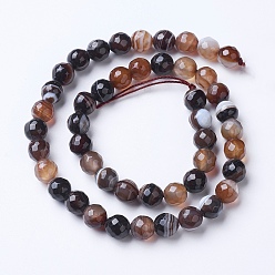Coffee Natural Striped Agate/Banded Agate Beads Strands, Dyed & Heated, Faceted, Grade A, Round, Coffee, 8mm, Hole: 1.2mm, about 47pcs/strand, 14.9 inch(38cm)