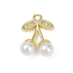 Настоящее золото 18K Латунные микропаве прозрачные подвески с фианитом, вишня, с пластиковой жемчужины, долговечный, без кадмия и без свинца, стойки покрытие, реальный 18 k позолоченный, 19.5x14x6 мм, отверстие : 2 мм