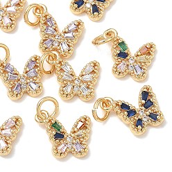 Mixed Color SHEGRACE Brass Pave Clear Cubic Zirconia Pendants, Butterfly Charms, Cadmium Free & Nickel Free & Lead Free, Long-Lasting Plated, Real 18K Gold Plated, Mixed Color, 11x11.5x3mm, Hole: 3mm