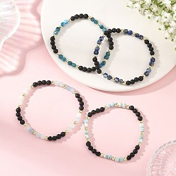 Mixed Stone 4Pcs 4 Styles Natural Mixed Stone Faceted Cube and Round Natural Lava Rock Beaded Stretch Bracelets for Women, Golden, Inner Diameter: 2.17 inch(5.5cm), 1pc/style