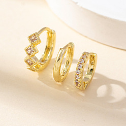 Золотой 3шт. серьги-кольца из латуни с микропаве из прозрачного кубического циркония в форме ромба, золотые, 12 мм, 3 шт / комплект