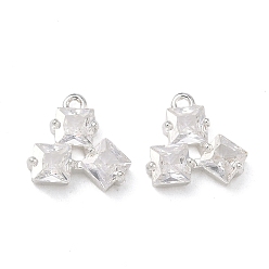 Посеребрённый Латунные микропаве прозрачные подвески с фианитом, квадратных амулеты, 925 серебро покрытием, 10x11x3.5 мм, отверстие : 1 мм