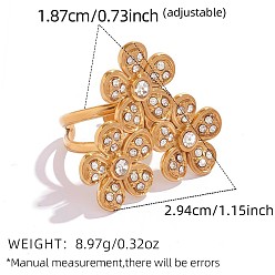 Прозрачный 304 Открытые кольца-манжеты из нержавеющей стали с микропаве из кубического циркония, золотые, цветок, прозрачные, размер США 8 3/4 (18.7 мм)