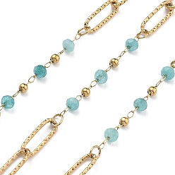 Светло-Голубой 304 цепи из нержавеющей стали, ионное покрытие (ip), с бусинами из натурального окрашенного белого нефрита, реальный 18 k позолоченный, пайки, с катушкой, Небесно-голубой, 12x4x1 мм, около 32.81 футов (10 м) / рулон
