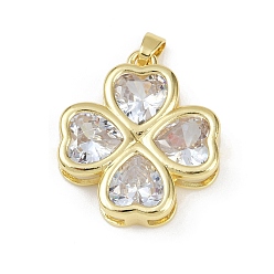 Прозрачный Латунь стекло кулоны, клевер, без свинца и без кадмия, долговечный, стойки покрытие, реальный 18 k позолоченный, граненые, прозрачные, 24x21.5x5.5 мм, отверстие : 5x2.5 мм