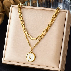 Плоский Круглый 304 Подвеска из нержавеющей стали с белой эмалью, двухслойное ожерелье для женщин, золотые, плоские круглые с луной, 15.75 дюйм (40 см), Кулон : 15 мм