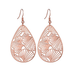 Розовое Золото Латунь болтаться серьги, капля с рисунком листьев гинкго, розовое золото , 58x38 мм