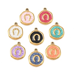 Другие 304 нержавеющей стальной эмали подвески, плоско-круглые, золотые, Подковы, 15.5~16.5x13.5x2.5 мм, отверстие : 1.2~1.4 мм