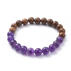 Amethyst Stretch Bracelets, with Natural Amethyst Beads and Wood Beads, Round, 2-1/4 inch(5.7cm)