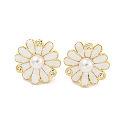 White Rack Plating Brass Micro Pave Clear Cubic Zirconia Stud Earring, with Enamel, Cadmium Free & Lead Free, Long-Lasting Plated, Real 18K Gold Plated, Flower, White, 15x15mm