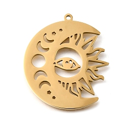 Настоящее золото 18K 304 подвески из нержавеющей стали, лазерная резка, луна с солнечным очарованием, реальный 18 k позолоченный, 32.5x28x1.5 мм, отверстие : 1.5 мм