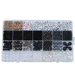 Negro Kit de búsqueda de joyería con cuentas de resina, acrílico y abs de estilo diy 28, redondo plano y arroz y barril y pepita y corazón y tira, negro, 5.5~18.5x7~14x2~12x1.5~11 mm, agujero: 0.7~2 mm