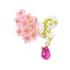 Pink Бабочка из стеклянного бисера с подвесками-цветами, со смолой, каплей и петлей, розовые, 39.5x29x7 мм, отверстие : 3 мм