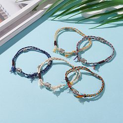 Mixed Color Cotton Cord Multi-strand Bracelets, with Nylon Thread and Tibetan Style Alloy Beads, Buddha Head, Antique Silver, Mixed Color, Inner Diameter: 2-3/4 inch(7cm)