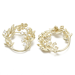 Настоящее золото 18K Брошь из латуни с прозрачным фианитом, за половину пробурено бисера, листовые ветви, без никеля , реальный 18 k позолоченный, лоток : 3~4 мм, 38x43 мм, штифты : 1 мм