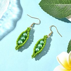 Зеленый 304 серьги-подвески из стеклянных бусин из нержавеющей стали в форме гороха, золотые, со стеклянным жемчугом, зелёные, 54.5~56x10.5~12 мм